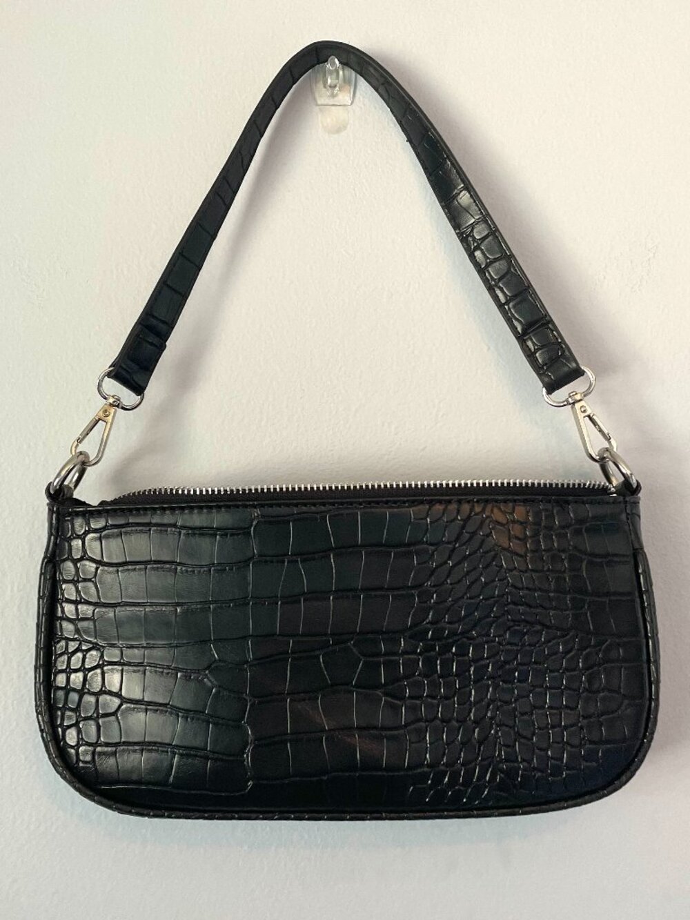 Black Faux Leather Crocodile Shoulder Bag